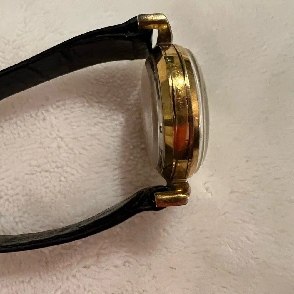 🩷 Ernest Borel 26 Gold-Plated 17🩷 Jewel Kaleidoscope Watch w/ Black Leather Band
